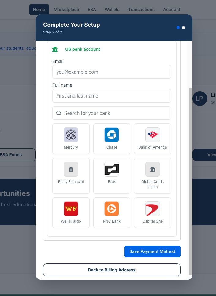 Complete Your Setup modal showing bank selection for US bank account payment