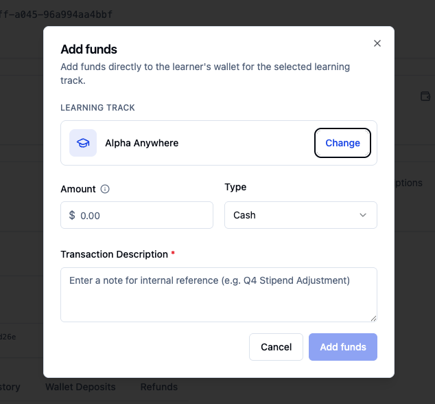 Admin add funds flow from the student page