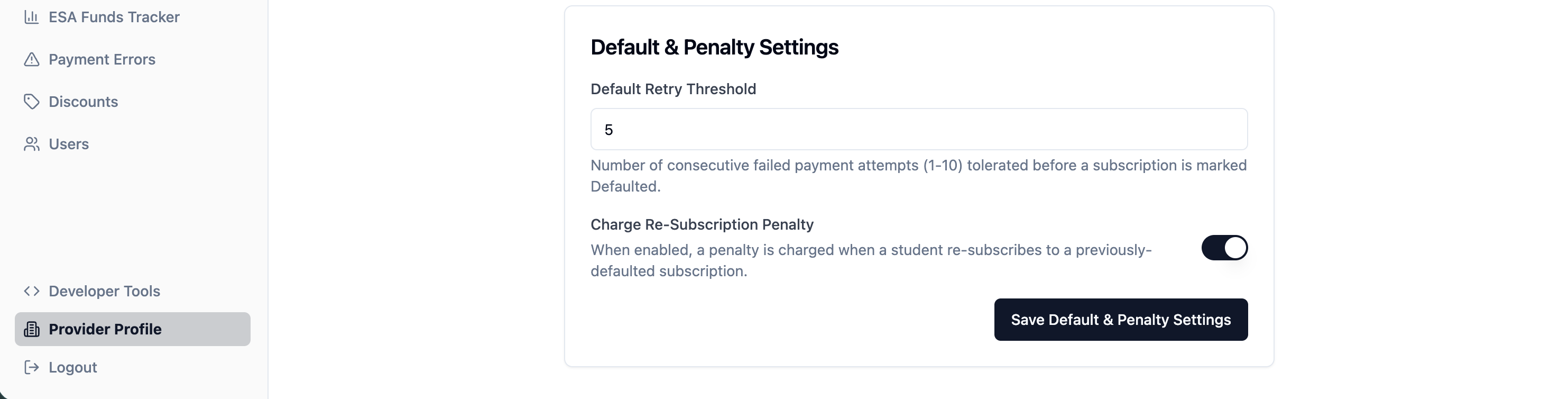 Provider Profile Default & Penalty Settings with retry threshold and re-subscription penalty toggle